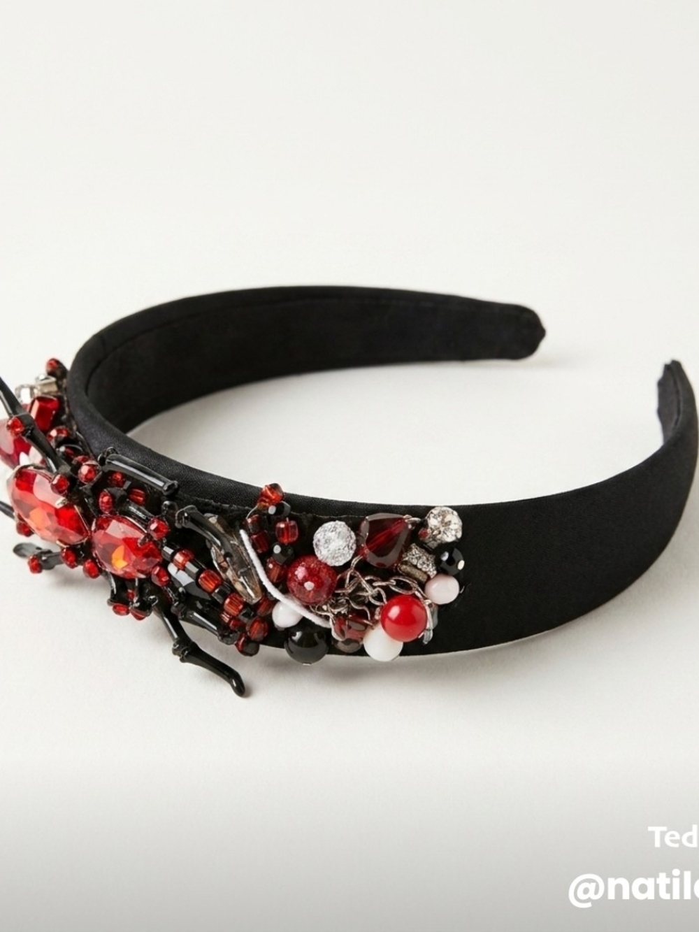 Black Headband with Red Spider, Beaded Embellishment